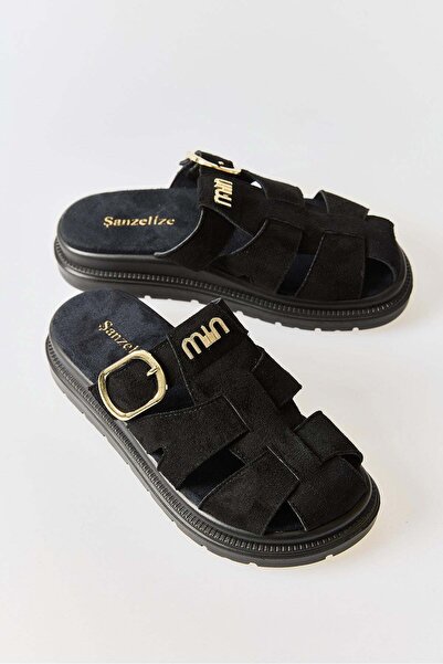 Juuuj Black Suede Textured Comfortable Sole Cage Sandals with Buckle Detail, ...