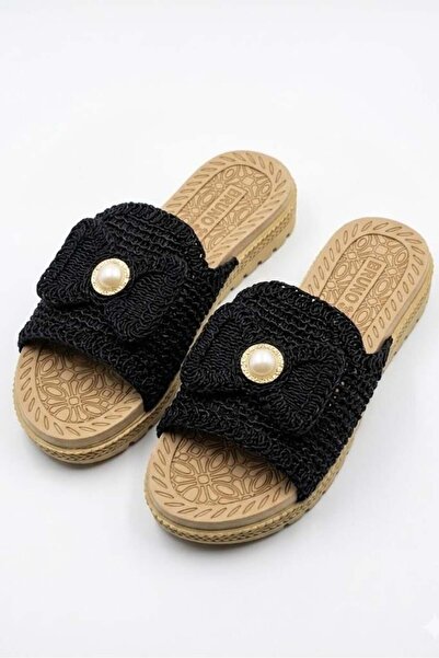 Juuuj Black Macrame Knitted Detailed Slippers with a Lightweight and Flexible...