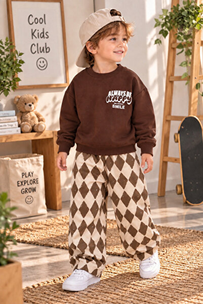 Neo Kids Kahverengi Sweatshirt ve Karo Desenli Bol Paça Eşofman Takımı