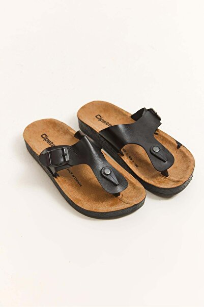 Juuuj Black Faux Leather Lightweight Flip Flops with Buckle Detail, Comfortab...