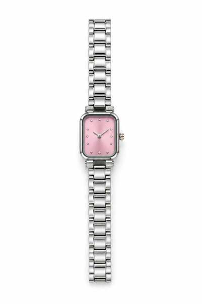 Juuuj Pink Silver Cord Square Dial Simple Design Metallic Textured Steel Wris...
