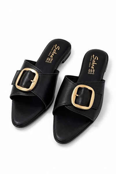 Juuuj Black Lightly Textured Pointed Toe Gold Buckle Detailed Comfortable Dai...