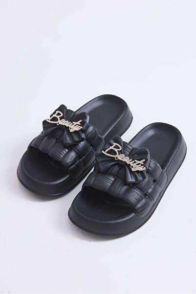Juuuj Black Thick Soled Knitted Textured Garden Beach Pool Slippers with Bow ...