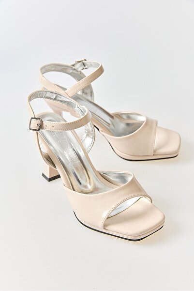 Juuuj Cream Patent Leather Textured Thin Heeled Ankle Strap Practical Use Sin...