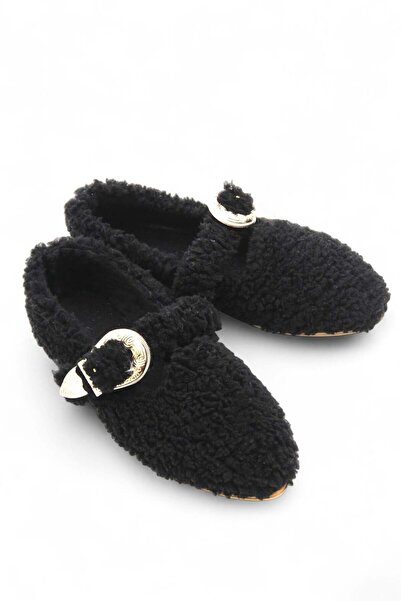 Juuuj Black Plush Textured Lightweight Comfortable Form Home Shoes with Gold ...