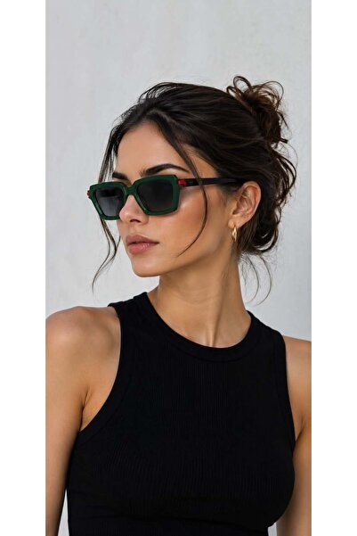 Juuuj Green Acetate Framed Lightweight Rectangular Sunglasses with Red Side D...
