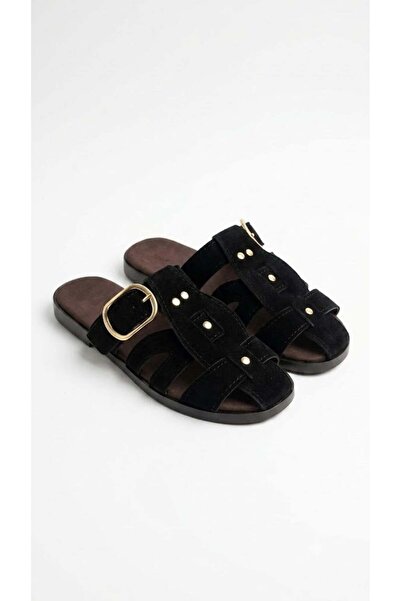 Juuuj Black Suede Textured Thin Sole Closed Toe Non-Slip Sole Daily Use Slippers