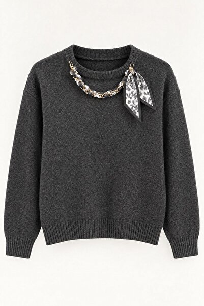 Juuuj Anthracite Soft Textured Crew Neck Drop Shoulder Knitted Sweater with S...