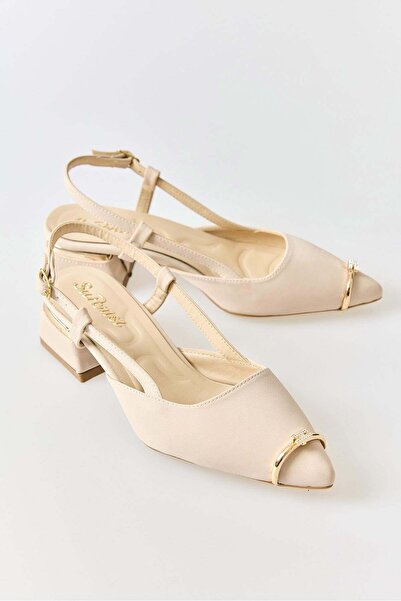 Juuuj Cream Pointed Toe Comfort Design Low Heel Shoes with Back Strap and Sli...