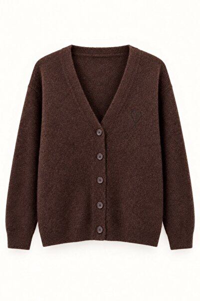 Juuuj Brown Stretchy Knitwear Textured V-Neck Wide Cut Low Shoulder Buttoned ...