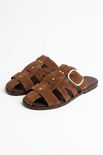 Juuuj Brown Suede Textured Closed-Toe Thin Sole Non-Slip Detailed Daily Slippers