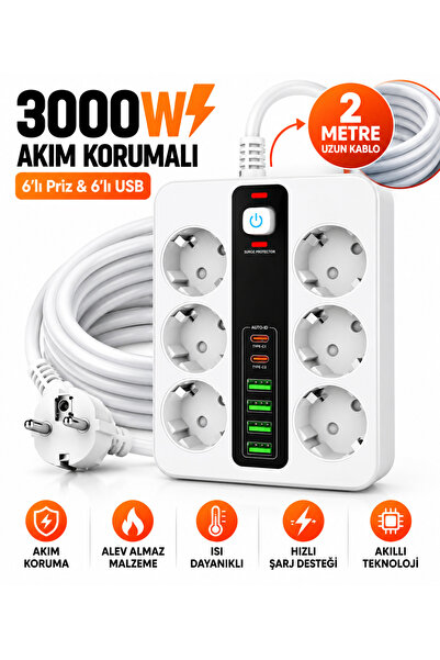 Moxti 3000W Akım Korumalı 4 USB'li ve 2 TYPE-C li 6'lı Grup Priz 2 m Uzatma