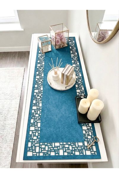 Ergüven Home Blue Suede Fabric Runner 40X120 cm Console Length - Geometric Qu...