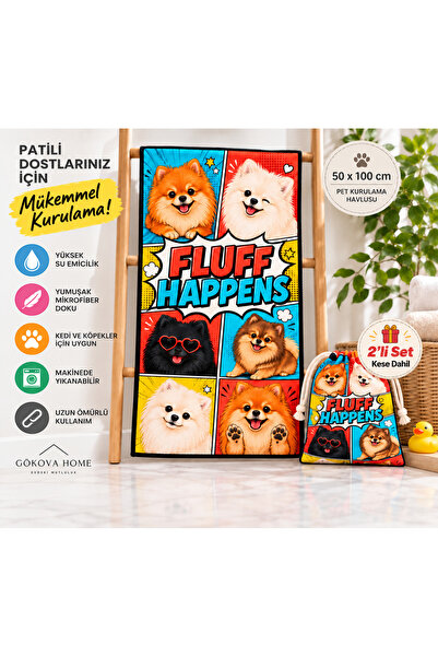 GÖKOVA HOME Kedi & Köpek Kurulama Havluları |Pomeranian Desenli | Hızlı Kuruyan