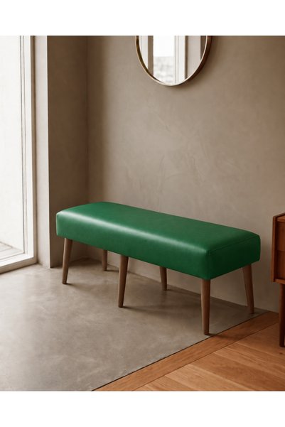 Azra Mobilya Yeşil Deri Bank Bench Oturma Pufu | Modern Salon Antre Puf Ayakk...