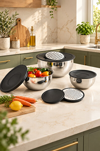 Prochef - Paslanmaz Çelik 9 Parça Rendeli Karıştırma Kabı ve Saklama Kabı Çırpıcı Kase 16-20-24cm