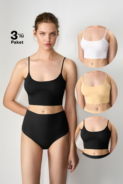 GRIMELANGE VELE Ayarlanabilir İnce Askılı Lazer Kesim 3'Lü Paket Crop Syh/Byz...