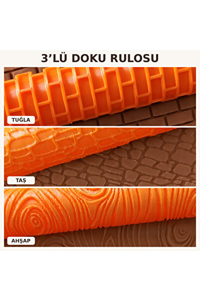 Genel Markalar 10 cm 3 Farklı Desen (Tuğla, Taş ve Ahşap) Doku Rulosu Seti – ...