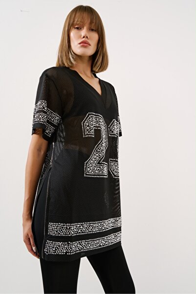 Kikiriki Taşlı File Tişört Oversize Spor Jersey