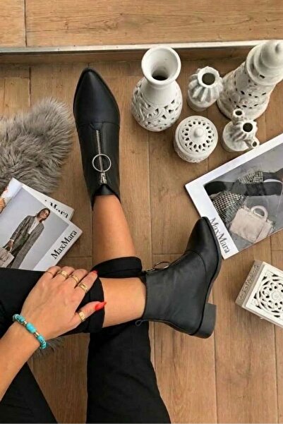 HKM shoes Hafif Rahat Kışlık Siyah Cilt Deri Kısa Sivri Burun Günlük Kadın Bo...