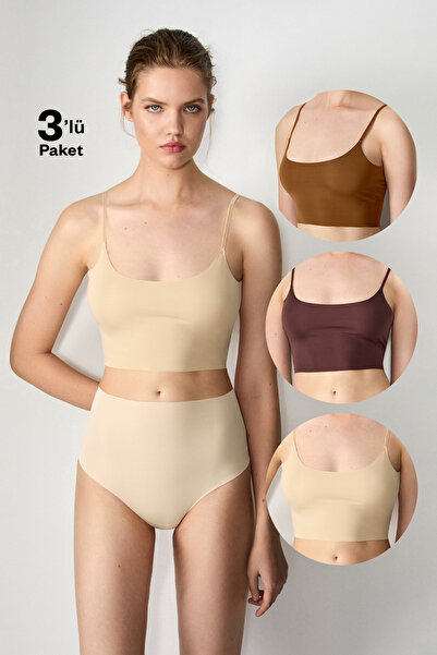 GRIMELANGE VELE Ayarlanabilir İnce Askılı Lazer Kesim 3'Lü Paket Crop Kahve/K...