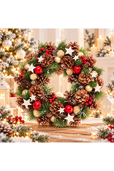 FEERIC LIGHTS & CHRISTMAS Coroană decorativă cu frunze și conuri, diametru 35...