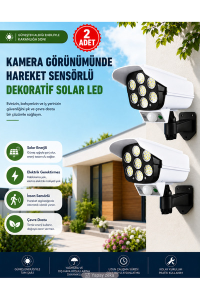 Unichrome 2 Adet Kamera Görünümlü Hareket Sensörlü Uzaktan Kumandalı Solar Ba...