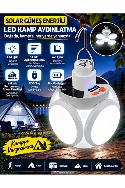 Unichrome Güneş Enerjili Solar Aydınlatma Kamp Çadır Lambası Şarjlı Ampül Led...
