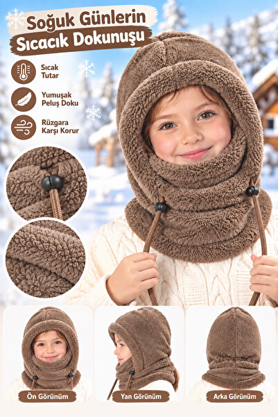 Leiste Kids-Wig Çocuk Kapşonlu Peluş Bere Atkı Polar Welsoft Boyunluk Şalı Rü...