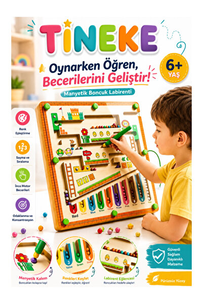 TİNEKE Manyetik Boncuk Labirenti Eğitici Oyuncak Renk Eşleştirme, Sayma ve İn...