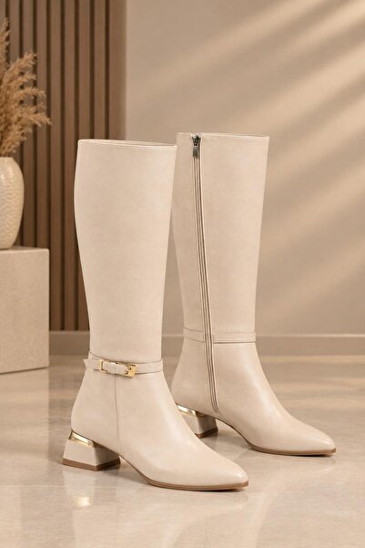 Dubais Shoes Suni Deri Tokalı Diz Altı Sine Çizme 4Cm Topuk dubais006 ( Baldı...