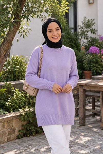 ModaAzen LİLA Bisiklet Yaka Oversize Kadın Triko Tunik