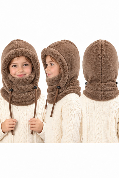 Leiste Kids-Wig Çocuk Kapşonlu Peluş Bere Atkı Polar Welsoft Boyunluk Şalı Rüzgar Geçirmez Şapka