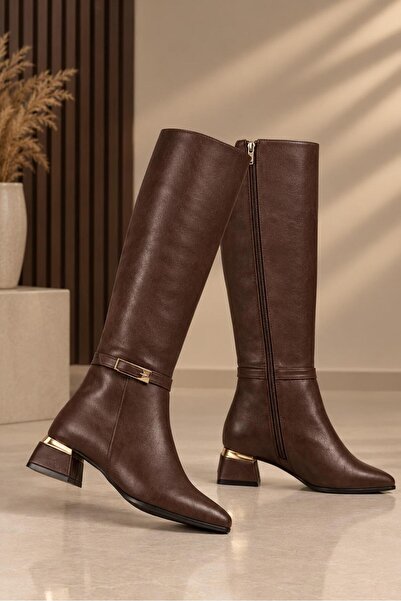 Dubais Shoes Suni Deri Tokalı Diz Altı Sine Çizme 4Cm Topuk dubais006 ( Baldı...