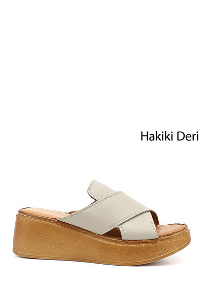 GÖNDERİ(R) Kadın Krem Dolgu Taban Hakiki Deri Terlik