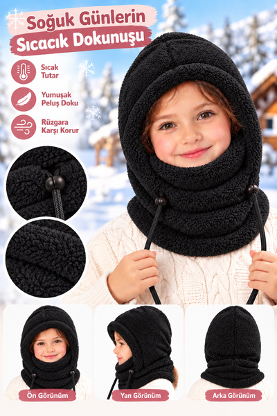 Leiste Kids-Wig Çocuk Kapşonlu Peluş Bere Atkı Polar Welsoft Boyunluk Şalı Rü...