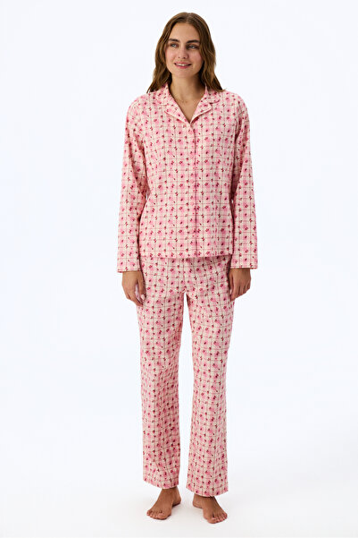 Penti Açık Pembe Floral Garden Ekoseli Uzun Kollu Gömlek Pantolon Pijama Takımı