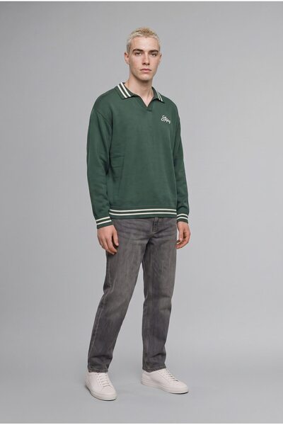 DeFacto Relaxed Fit Resort Collar Embroidered Striped Knit Sweater H7671Ax26Au