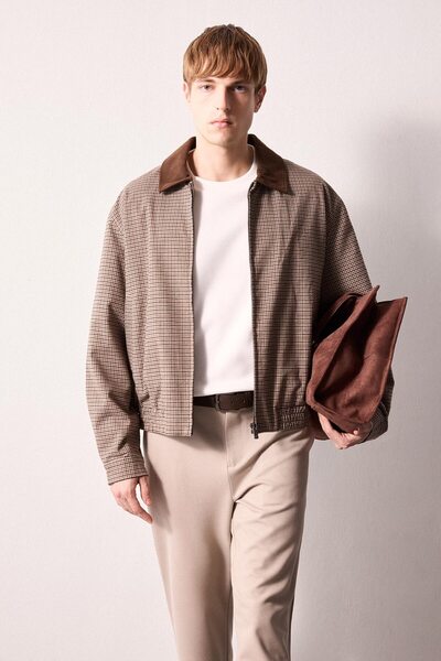 DeFacto Regular Fit Checkered Contrast Collar Lined Zippered Jacket Coat H185...