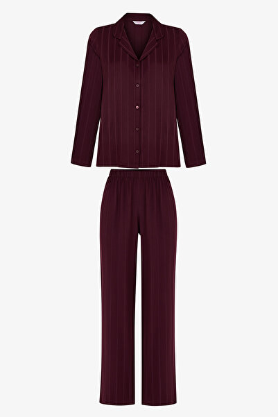 Penti Bordo Maroon Saten Çizgili Uzun Kollu Gömlek Pantolon Pijama Takımı