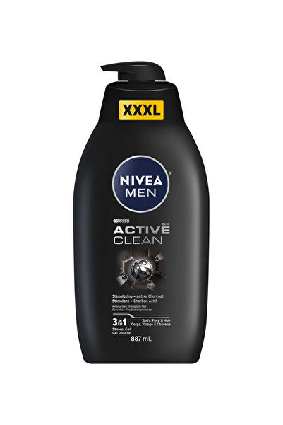Nivea Men Gel de duș 3 în 1 Active Clean pentru bărbați, Mărime XXXL, 887 ml