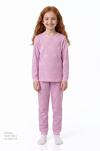 Penti Girl's Pink Love&Peace Cotton Long Sleeve 2-Piece Pajama Set