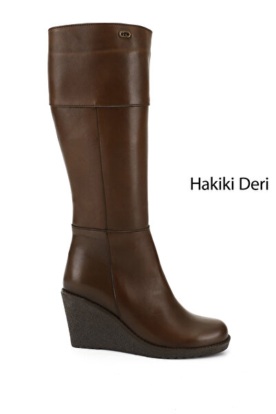 GÖNDERİ(R) Kadın Kahve Antik Fermuarlı Dolgu Topuklu Hakiki Deri Çizme