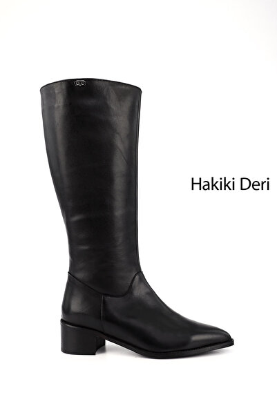 GÖNDERİ(R) Kadın Siyah Sivri Burun Kalın Topuklu Hakiki Deri Çizme