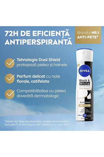 NIVEA Negru & Alb Spray Antiperspirant Invizibil, Mătăsos și Neted, 48h, 150 ml