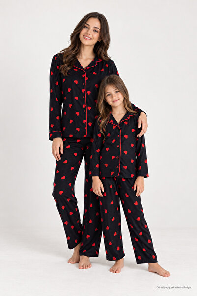 Zekalya Anne Kız (Ayrı Satılır) Kırmızı Kalp Desenli Süet Pijama Takımı