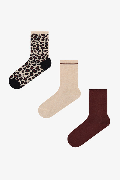Penti Burgundy Beige Relax Leopard Cotton 3 Pair Socks