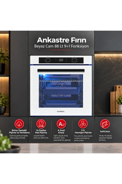 Luxell Ankastre Fırın Beyaz Cam 88 LT 9+1 Fonksiyon Dijital – A68-SGF3