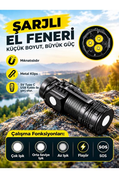 ZFN Çok Fonksiyonlu Mıknatıslı Klipsli Şarjlı El Feneri Siyah