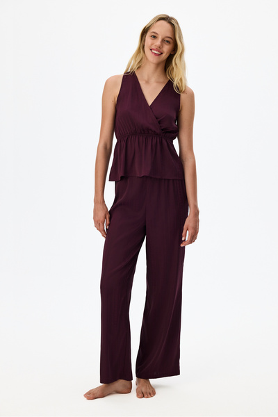 Penti Bordo Aurora Saten Çiçekli Pijama Altı